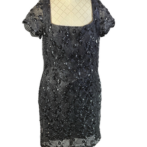 Bob Mackie Black Beaded Midi Dress A-line Silhouette Square Neckline ShortSleeve